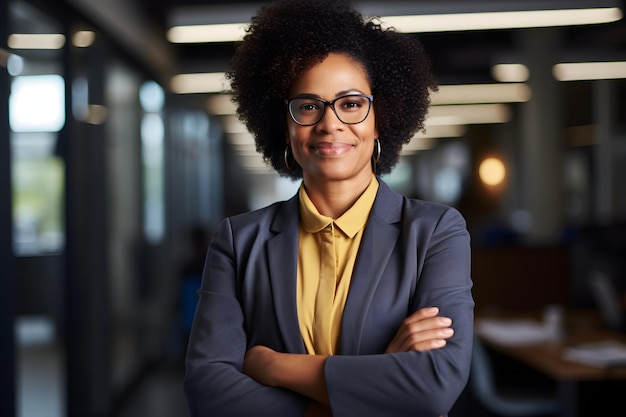 Ceo donna afro d'affari di mezza età felice in piedi in ufficio con le braccia incrociate