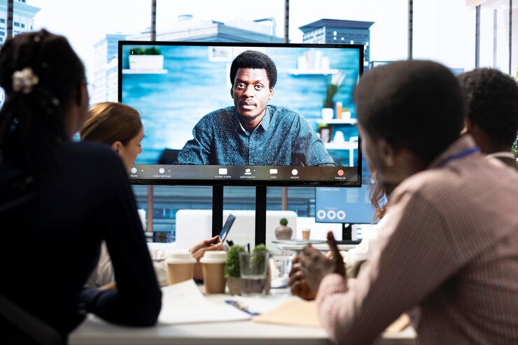 Photo ceo leading a meeting on online teleconference call in the boardroom
