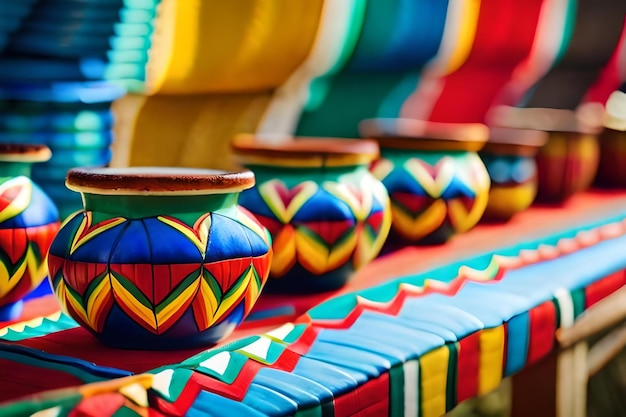 Ceramiche colorate su un tavolo con motivi e colori colorati