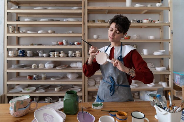 Ceramista femminile in piedi in officina creando pezzi unici di ceramica per vendere tazza di pittura