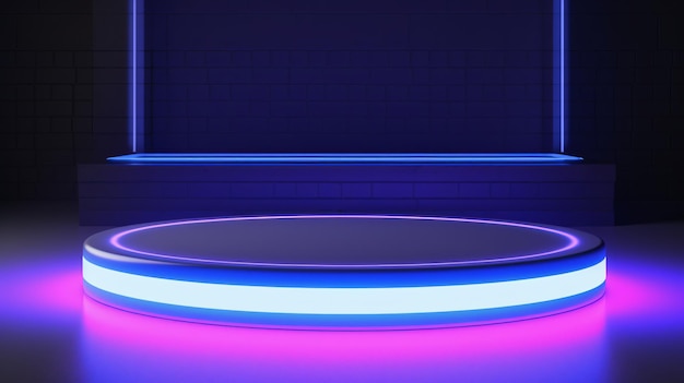 Cerchio al neon luminoso con piattaforma con spazio mockup