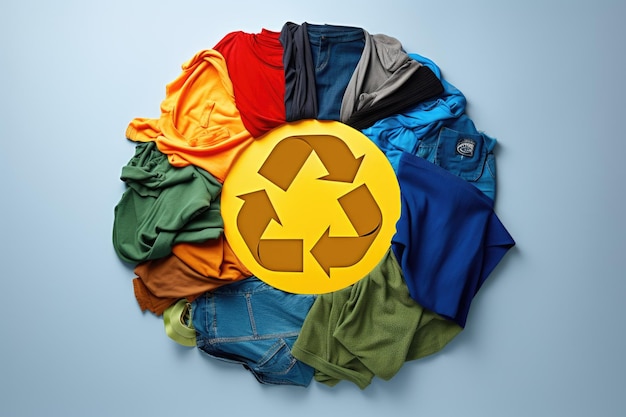 Cerchio di magliette colorate con simbolo di riciclaggio su sfondo blu Un cerchio colorato di vestiti con logo che ricicla il concetto di riutilizzo dei rifiuti zero AI generato