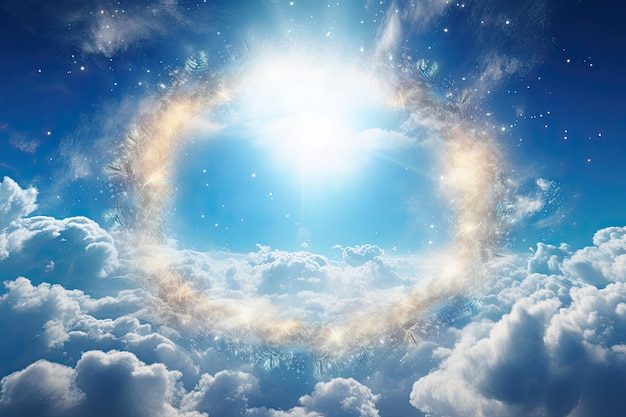 Cerchio di nuvole splendenti del concetto di cielo sul fondo del cielo blu