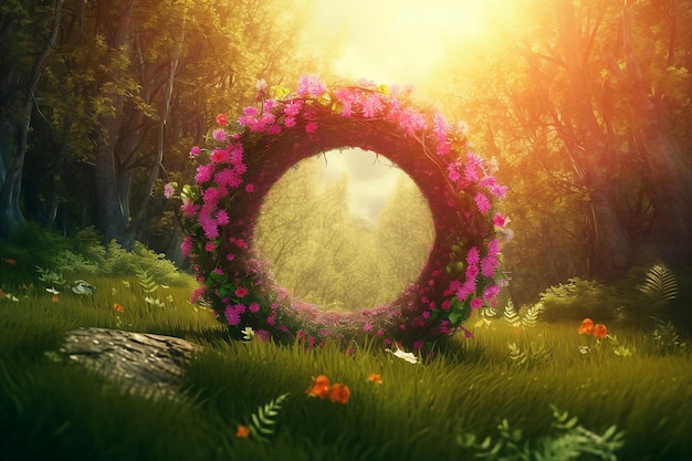 Cerchio magico arco di fiori rosa in giardino
