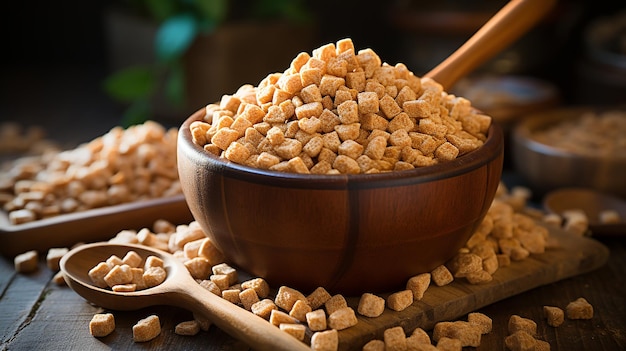 Cereali in un cucchiaio di legno sul licenziamento