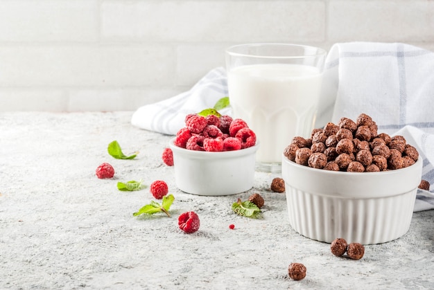 Cereali per la colazione, bicchiere di latte, lamponi e menta su pietra grigia