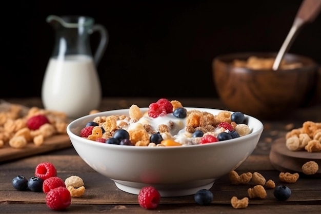 Cereali per la colazione con latte e frutti di bosco AI Generated