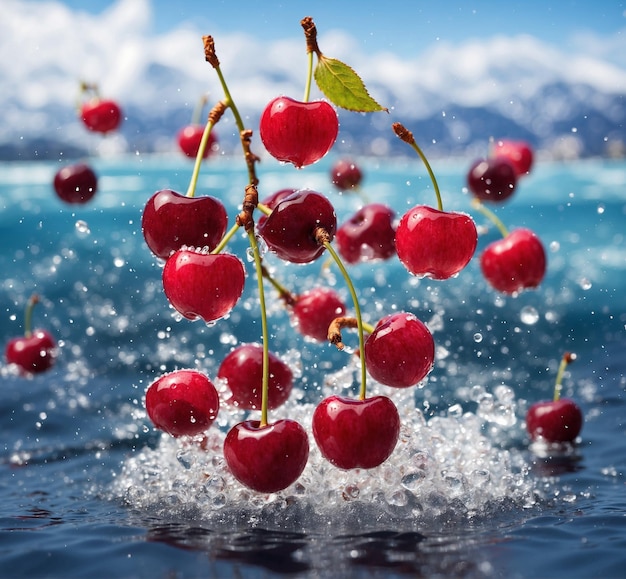 Cereie in acqua con spruzzi e gocce d'acqua