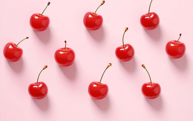 Cereie rosse succose allineate simmetricamente su uno sfondo rosa