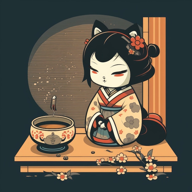 Cerimonia del tè giapponese chibi gatta geisha in kimono e mobili in legno tradizionali del salotto cinese cartone animato ai generato illustrazione con tazze di geisha e teiera sul tavolo