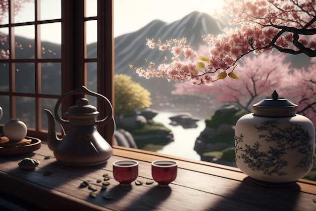 Cerimonia del tè giapponese con vista sulle montagne Generative AI 4