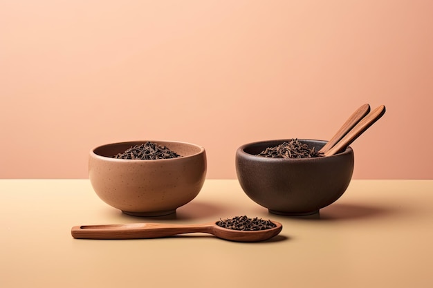 Cerimonia del tè in stile minimalista con due ciotole di ceramica tè puer nero foglie di tè puerh secco e w