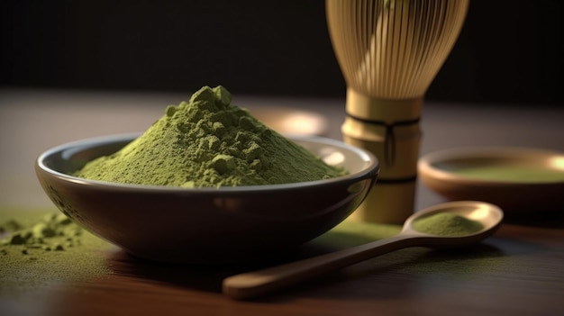 Cerimonia del tè verde matcha organico sul tavolo con frusta da tè