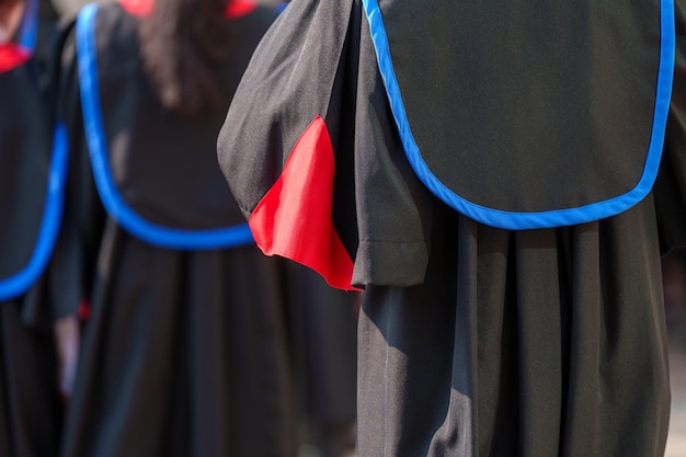 Cerimonia di laurea degli studenti che indossano sparviere alla cerimonia di laurea da dietro