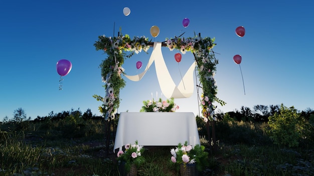 Cerimonia di matrimonio all'aperto con rendering 3d al tramonto