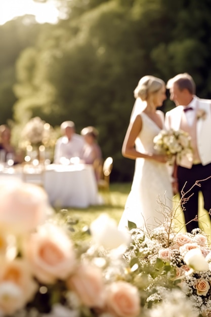 Cerimonia di nozze e celebrazione sposi in un bellissimo luogo all'aperto in una giornata di sole arredamento di lusso per matrimoni con fiori e bouquet da sposa generativo ai