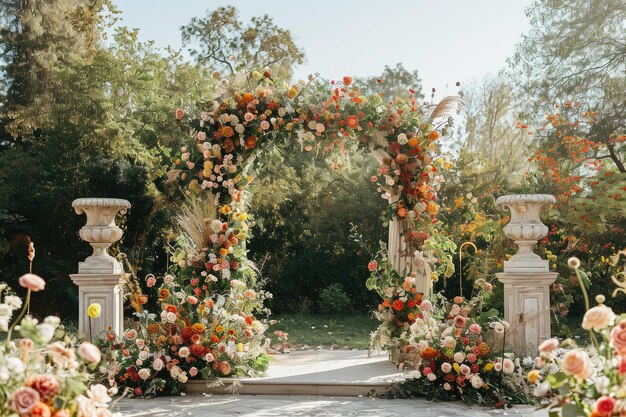 Cerimonia nuziale all'aperto con fiori sull'arco Cerimonia elegante sotto un arco di marmo circondato da fiori in fiore