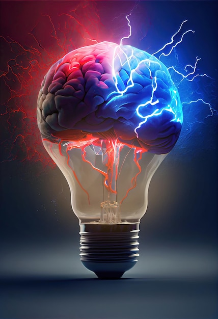 Cervello acceso come una lampadina per produrre un brillante concetto di creatività idea realizzato con A generativo