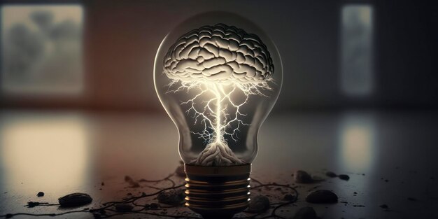 Cervello all'interno della grande illustrazione della lampadina, creatività