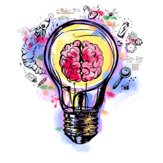 Cervello all'interno di una lampadina schizzo colorato su sfondo bianco Concetto di idea e innovazione rendering 3d