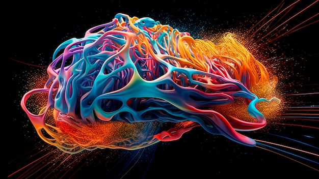 Cervello astratto colorato con vortici e curve su uno sfondo nero