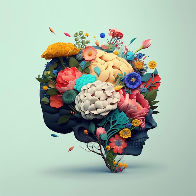 Cervello con fiori Un'illustrazione del concetto di mente creativa creata con l'intelligenza artificiale generativa