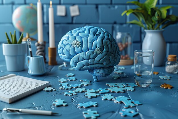 Cervello con pezzi di puzzle su una scrivania mente creativa esplodendo cervello pieno di idee e immaginazione concetto di istruzione e innovazione