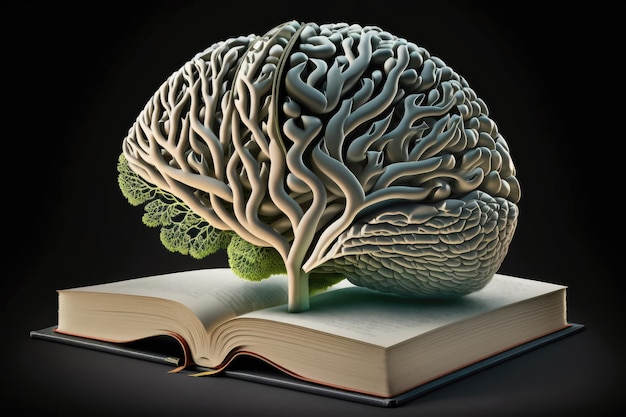 Cervello con un libro aperto che rappresenta l'apprendimento dell'intelligenza artificiale generativa