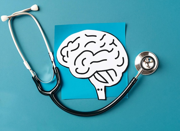Cervello di carta e stetoscopio sullo sfondo concetto di giornata per la salute mentale