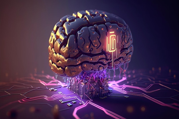 Cervello di intelligenza artificiale digitale con connessioni neurali a un processore e microchip