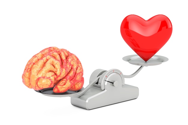 Cervello e cuore rosso su scala di equilibrio semplice su sfondo bianco. Rendering 3D