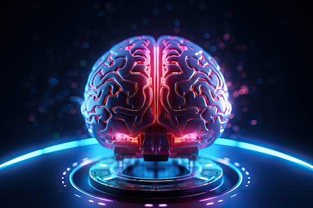 Cervello elettronico AI digitale realizzato in metallo con memorizzazione dei dati neurali a luce al neon Generative Ai