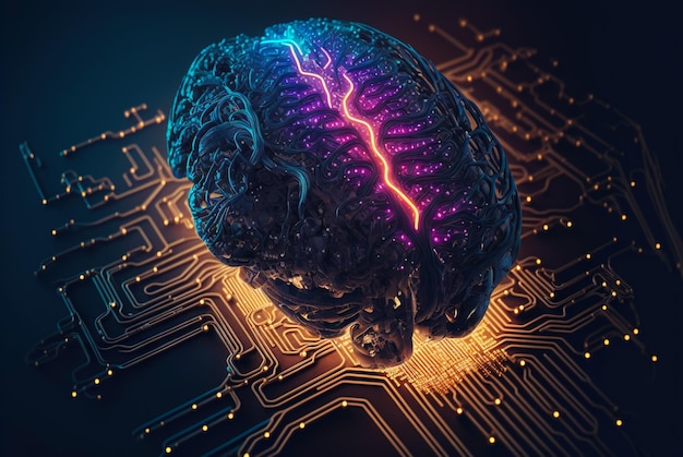 Cervello informatico di intelligenza artificiale Fili e circuiti collegati Vita sintetica futuristica