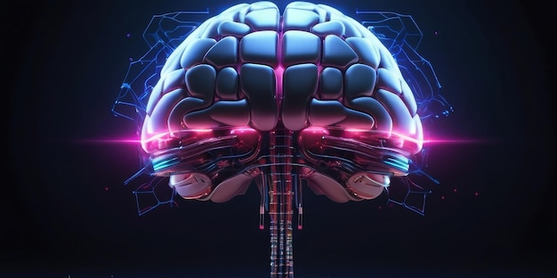 cervello metallico elettronico con luci al neon rosa su sfondo nero concetto astratto