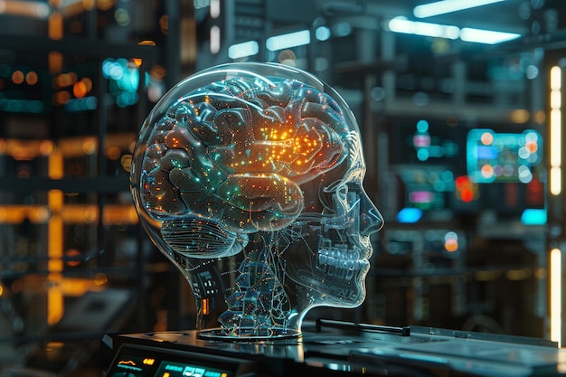 Cervello olografico di IA che proietta algoritmi futuristici