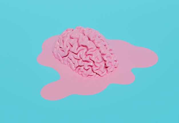 Cervello rosa fuso su sfondo blu pastello. Rendering 3D