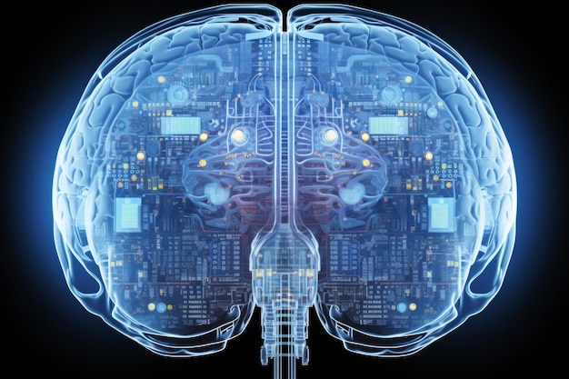 cervello umano collegato a un chip concetto di cervello digitale con connessioni di rete IA generativa