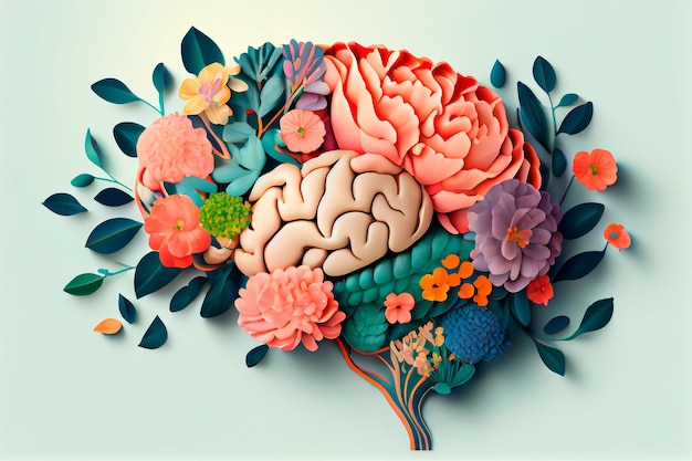 Cervello umano con colori cura di sé e concetto di salute mentale pensiero positivo mente creativa ai