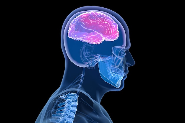 Cervello umano con cranio visibile laterale Vista su sfondo nero illustrazione 3D