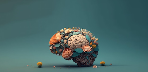 Cervello umano con fiori cura di sé e concetto di salute mentale pensiero positivo mente creativa