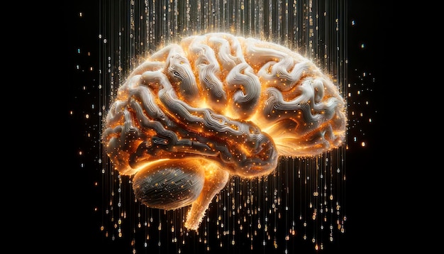 Cervello umano con particelle luminose su sfondo nero IA generativa
