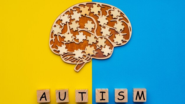 cervello umano con pezzi di puzzle sparsi. Sei cubi con l'iscrizione autismo.