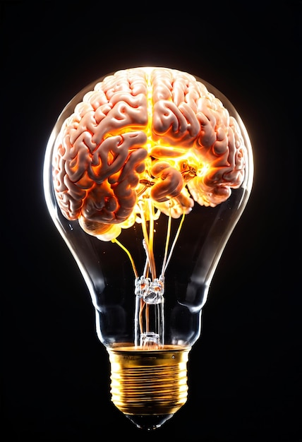 Cervello umano in una lampadina di vetro su sfondo nero IA generativa