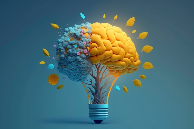 Cervello umano su albero con fiori concetti di luce gialla su sfondo blu