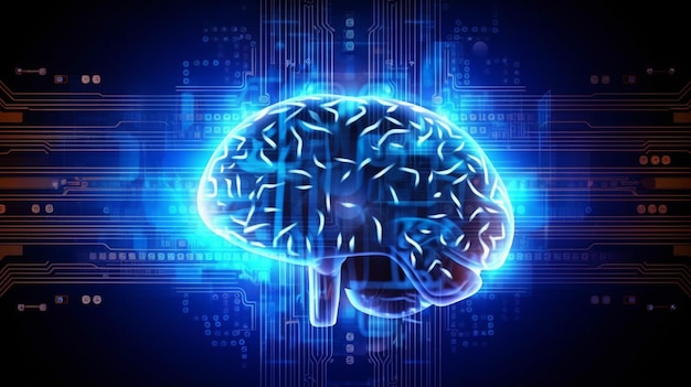 Cervello umano su sfondo di tecnologia informatica digitale incandescente al neon