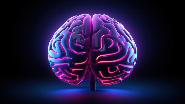 Cervello umano su sfondo nero rendering 3D in stile neon IA generativa