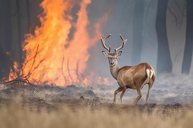 Cervi davanti a un fuoco che arde sullo sfondo