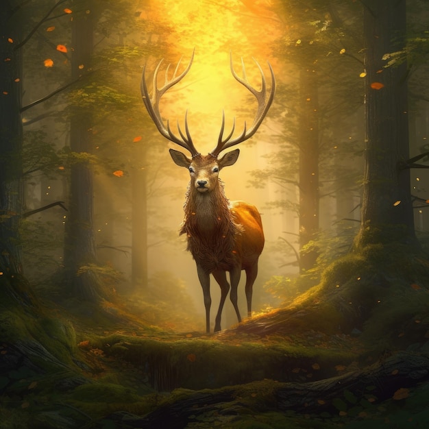 Cervi di fantasia mistica in una foresta magica