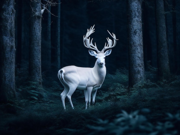 Cervo bianco nella foresta buia di notte ai generato
