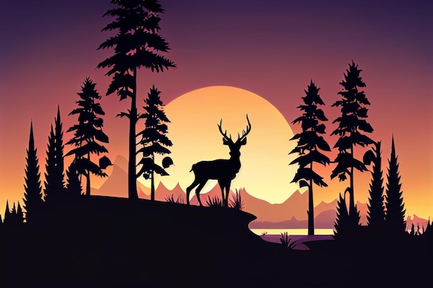Cervo cartone animato con corna al tramonto IA generativa